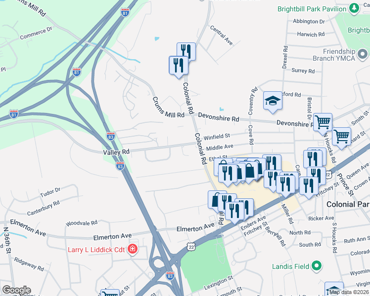 map of restaurants, bars, coffee shops, grocery stores, and more near 4209 Valley Road in Harrisburg