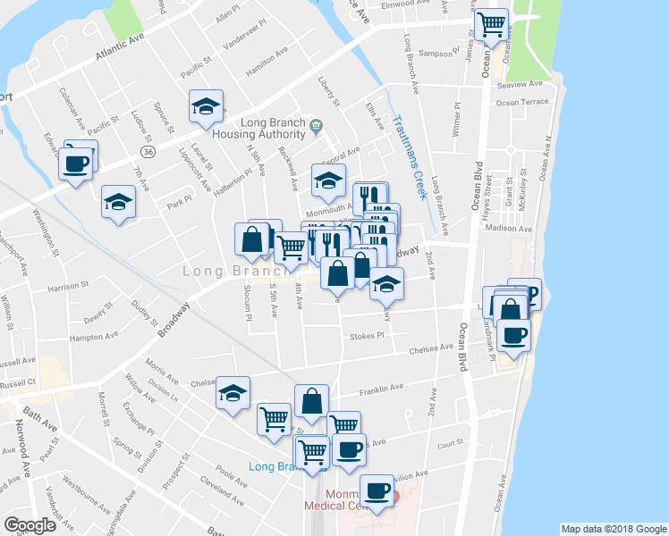 map of restaurants, bars, coffee shops, grocery stores, and more near 2 3rd Avenue in Long Branch