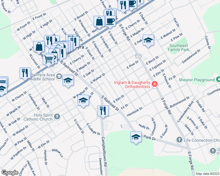 map of restaurants, bars, coffee shops, grocery stores, and more near 519 South Grant Street in Palmyra
