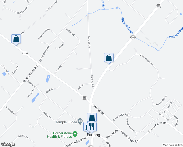 map of restaurants, bars, coffee shops, grocery stores, and more near 2552 Furlong Road in Furlong