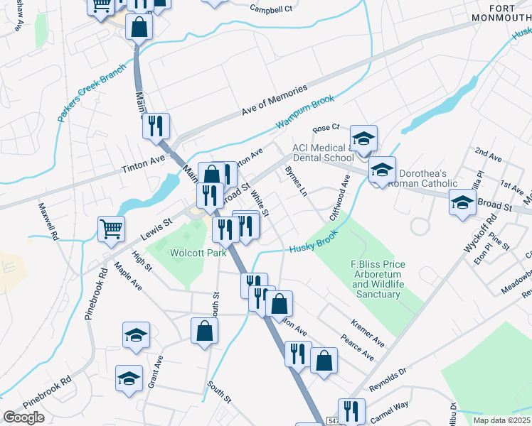 map of restaurants, bars, coffee shops, grocery stores, and more near 53 White Street in Eatontown