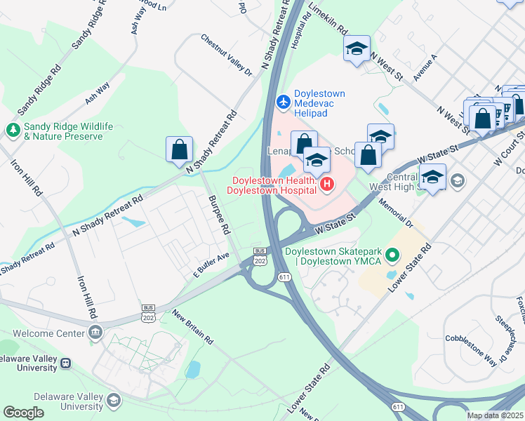 map of restaurants, bars, coffee shops, grocery stores, and more near 900 Whitehall Drive in Doylestown