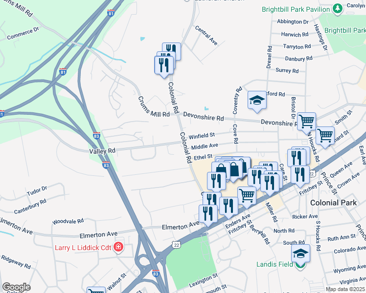 map of restaurants, bars, coffee shops, grocery stores, and more near 317 Colonial Road in Harrisburg