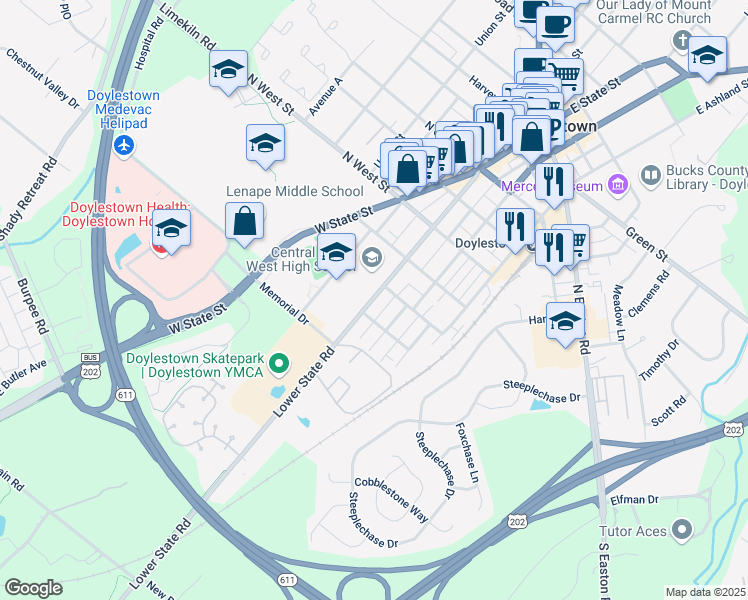 map of restaurants, bars, coffee shops, grocery stores, and more near 375 West Court Street in Doylestown