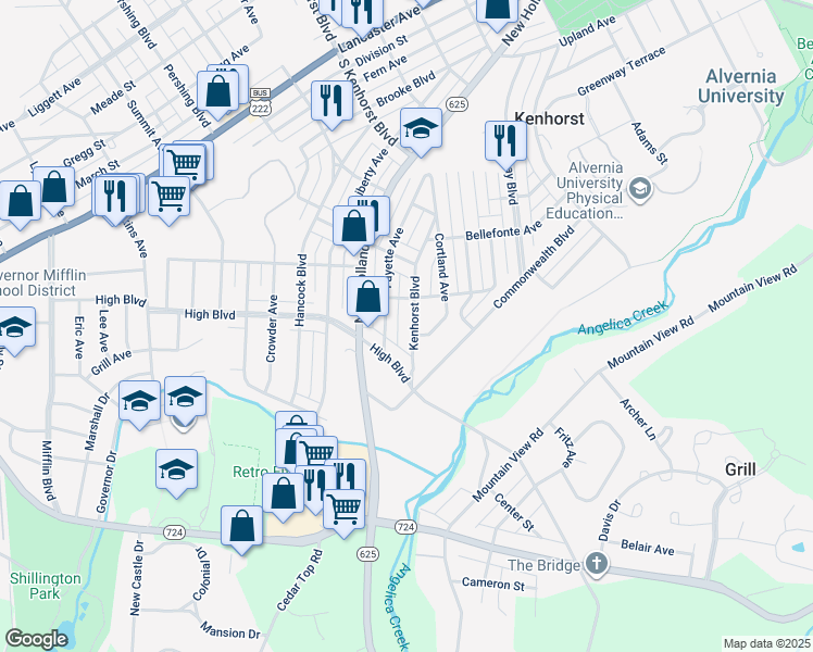 map of restaurants, bars, coffee shops, grocery stores, and more near 1629 Kenhorst Boulevard in Reading