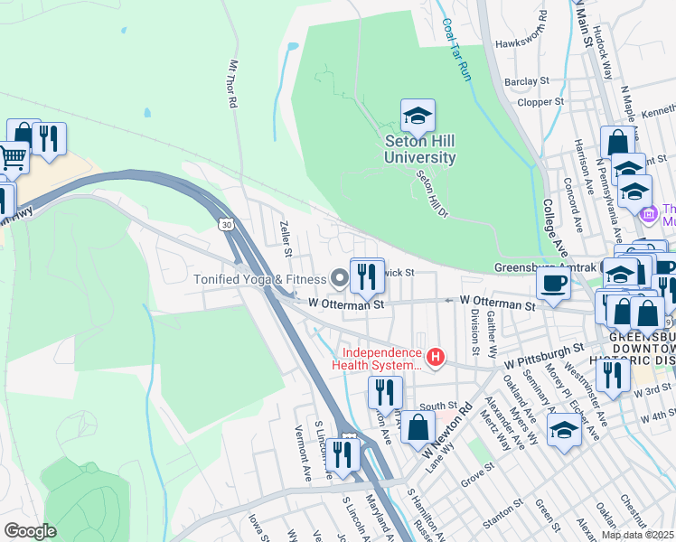 map of restaurants, bars, coffee shops, grocery stores, and more near 727 Ludwick Street in Greensburg