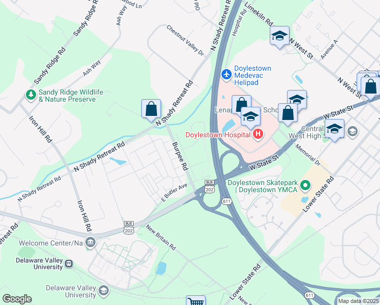 map of restaurants, bars, coffee shops, grocery stores, and more near 205 Commons Way in Doylestown