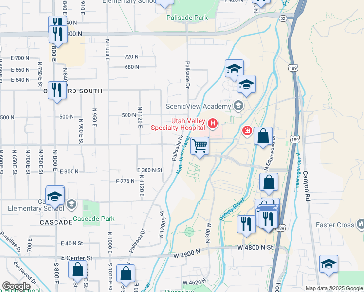 map of restaurants, bars, coffee shops, grocery stores, and more near 400 Palisade Drive in Orem