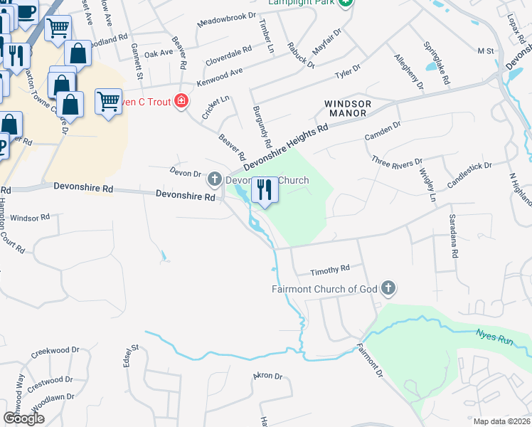 map of restaurants, bars, coffee shops, grocery stores, and more near 5790 Devonshire Road in Harrisburg
