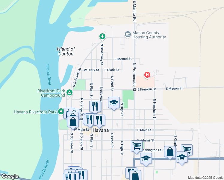 map of restaurants, bars, coffee shops, grocery stores, and more near 500 North Pearl Street in Havana