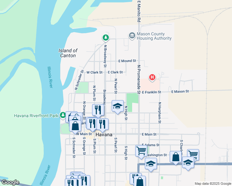map of restaurants, bars, coffee shops, grocery stores, and more near 200 East Franklin Street in Havana