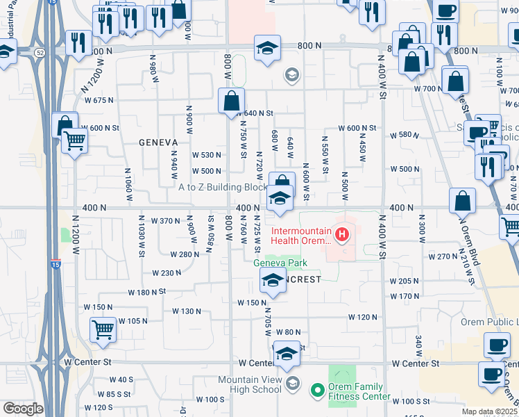 map of restaurants, bars, coffee shops, grocery stores, and more near 721 West 400 North in Orem