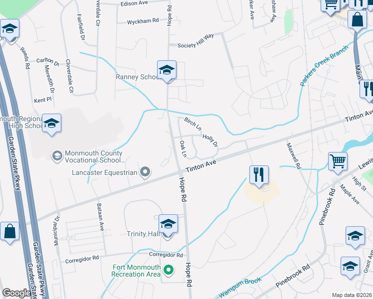 map of restaurants, bars, coffee shops, grocery stores, and more near 84 Oak Lane in Eatontown