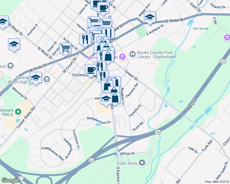 map of restaurants, bars, coffee shops, grocery stores, and more near 216 South Main Street in Doylestown