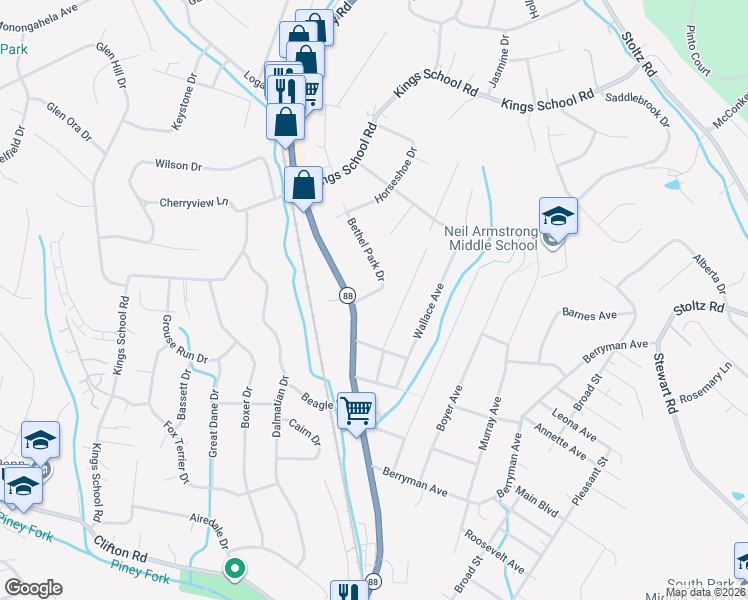 map of restaurants, bars, coffee shops, grocery stores, and more near 5982 Bethel Park Drive in Bethel Park