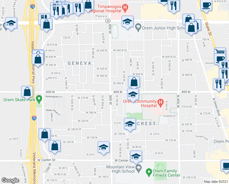 map of restaurants, bars, coffee shops, grocery stores, and more near 778 400 North in Orem