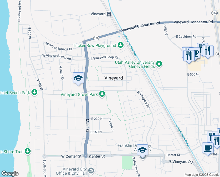 map of restaurants, bars, coffee shops, grocery stores, and more near 152 East 425 North in Vineyard