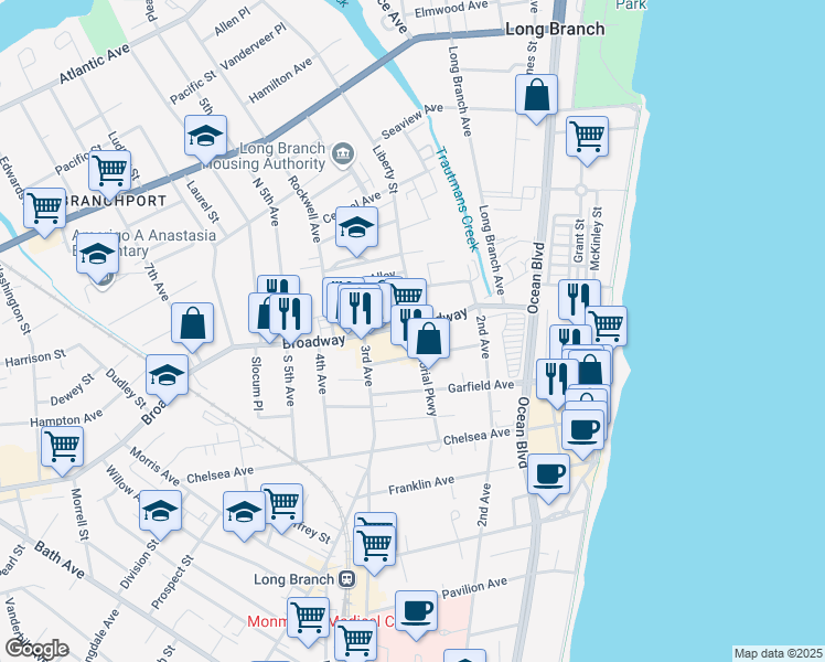 map of restaurants, bars, coffee shops, grocery stores, and more near 173 Broadway in Long Branch