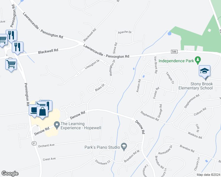 map of restaurants, bars, coffee shops, grocery stores, and more near 204 Brinley Drive in Pennington