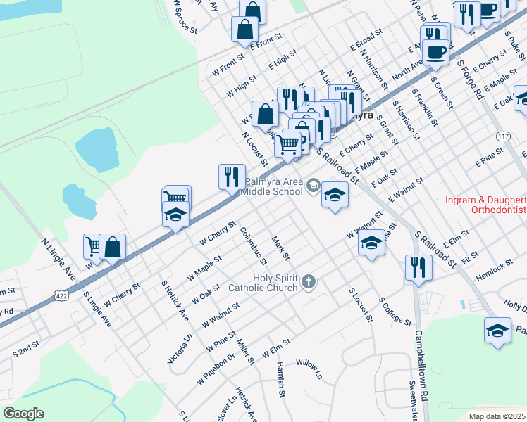 map of restaurants, bars, coffee shops, grocery stores, and more near 242 West Cherry Street in Palmyra