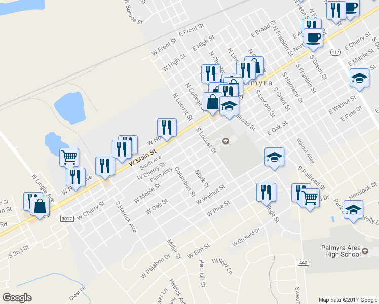 map of restaurants, bars, coffee shops, grocery stores, and more near 242 West Cherry Street in Palmyra