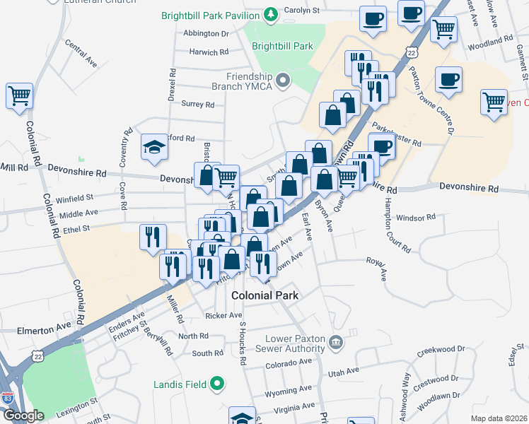 map of restaurants, bars, coffee shops, grocery stores, and more near 4811 Orchard Street in Harrisburg