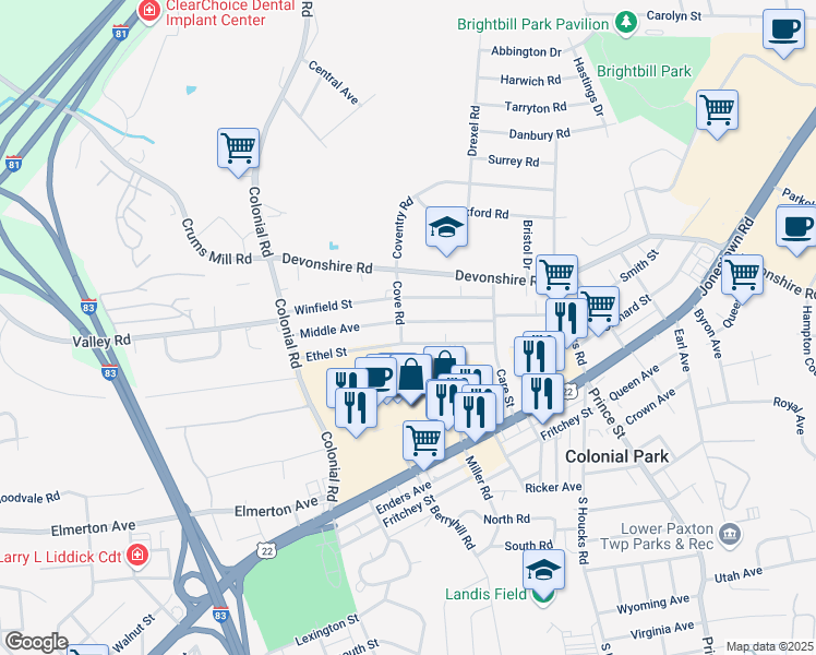 map of restaurants, bars, coffee shops, grocery stores, and more near 4501 Winfield Street in Harrisburg