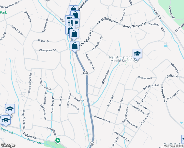 map of restaurants, bars, coffee shops, grocery stores, and more near 5982 Bethel Park Drive in Bethel Park