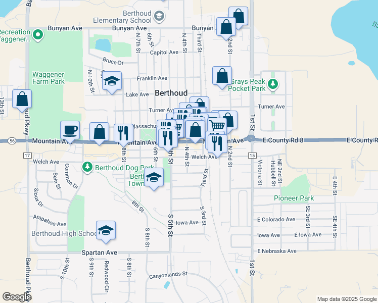 map of restaurants, bars, coffee shops, grocery stores, and more near 410 4th Street in Berthoud