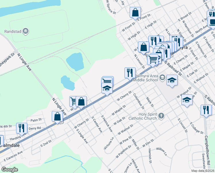 map of restaurants, bars, coffee shops, grocery stores, and more near 505 West North Avenue in Palmyra
