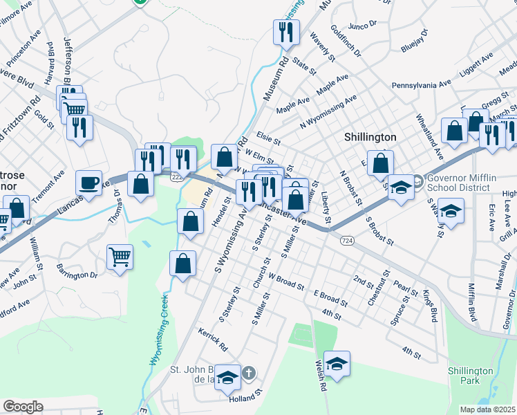 map of restaurants, bars, coffee shops, grocery stores, and more near 214 West Lancaster Avenue in Shillington
