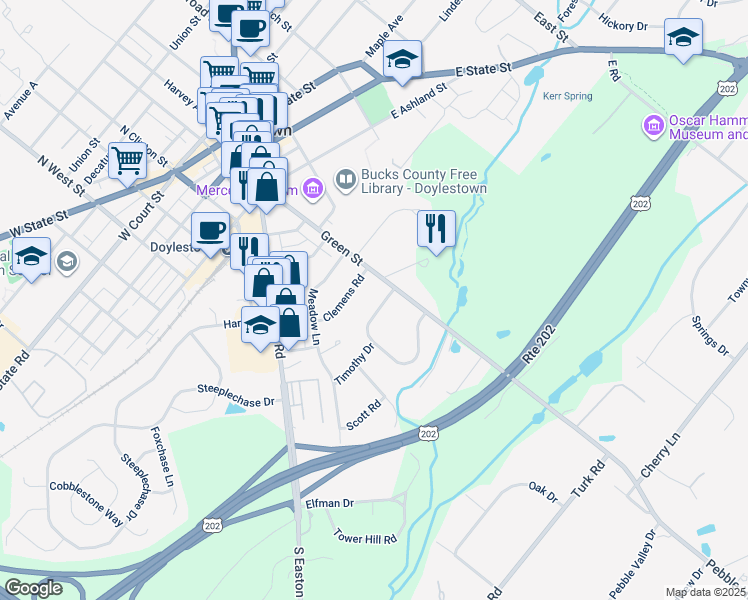 map of restaurants, bars, coffee shops, grocery stores, and more near 69 Homestead Drive in Doylestown