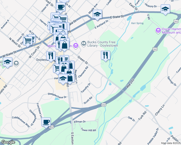 map of restaurants, bars, coffee shops, grocery stores, and more near 69 Homestead Drive in Doylestown