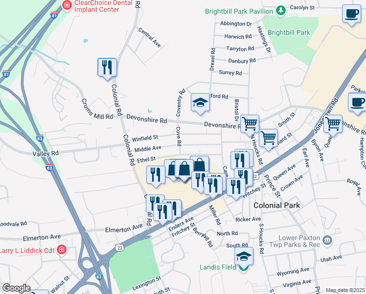 map of restaurants, bars, coffee shops, grocery stores, and more near 4501 Winfield Street in Harrisburg