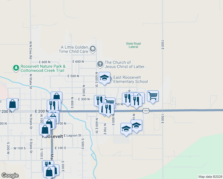 map of restaurants, bars, coffee shops, grocery stores, and more near 756 East 400 North in Roosevelt