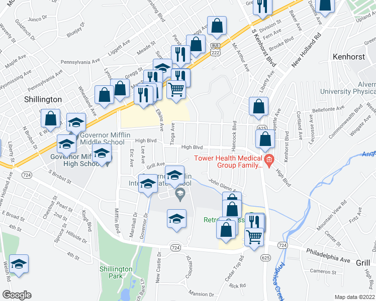 map of restaurants, bars, coffee shops, grocery stores, and more near 216 High Boulevard in Reading