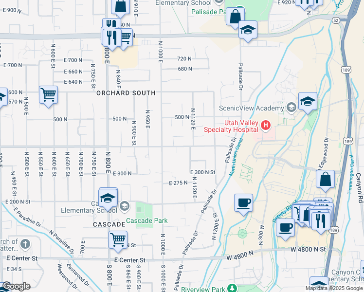 map of restaurants, bars, coffee shops, grocery stores, and more near 1063 East 400 North in Orem