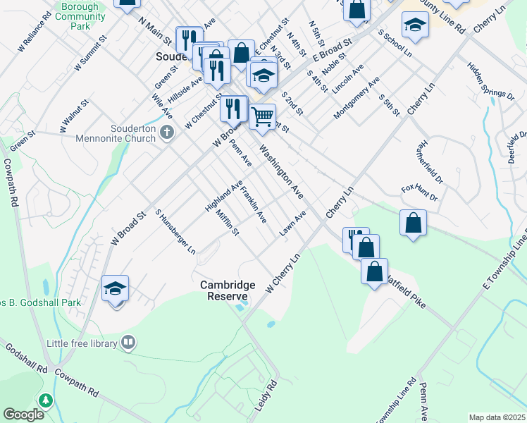 map of restaurants, bars, coffee shops, grocery stores, and more near 203 Franklin Avenue in Souderton