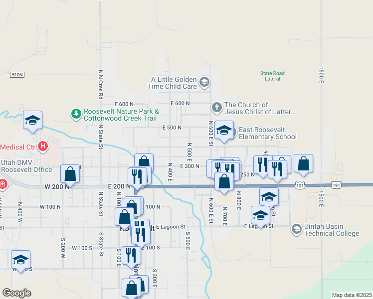map of restaurants, bars, coffee shops, grocery stores, and more near 393 North 500 East in Roosevelt