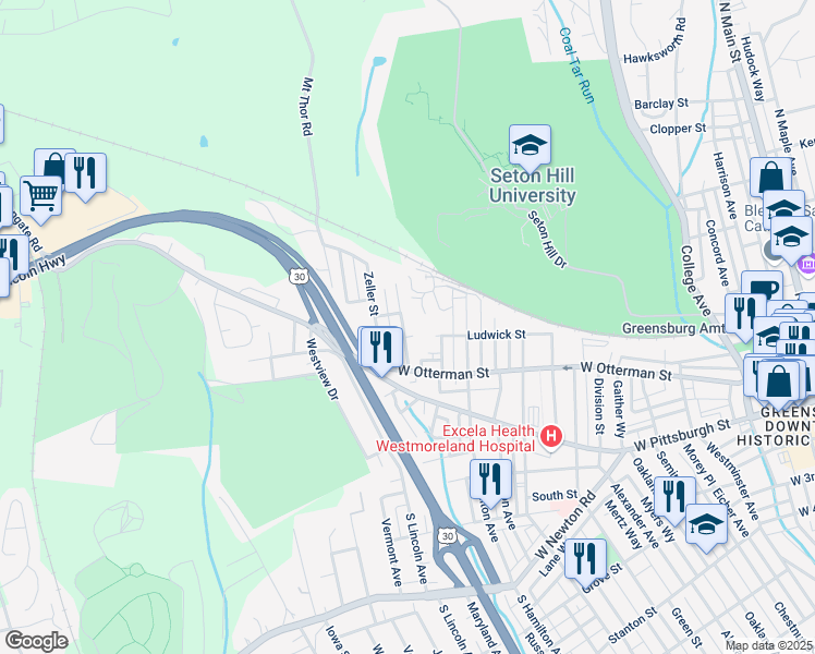 map of restaurants, bars, coffee shops, grocery stores, and more near 209 North Lincoln Avenue in Greensburg