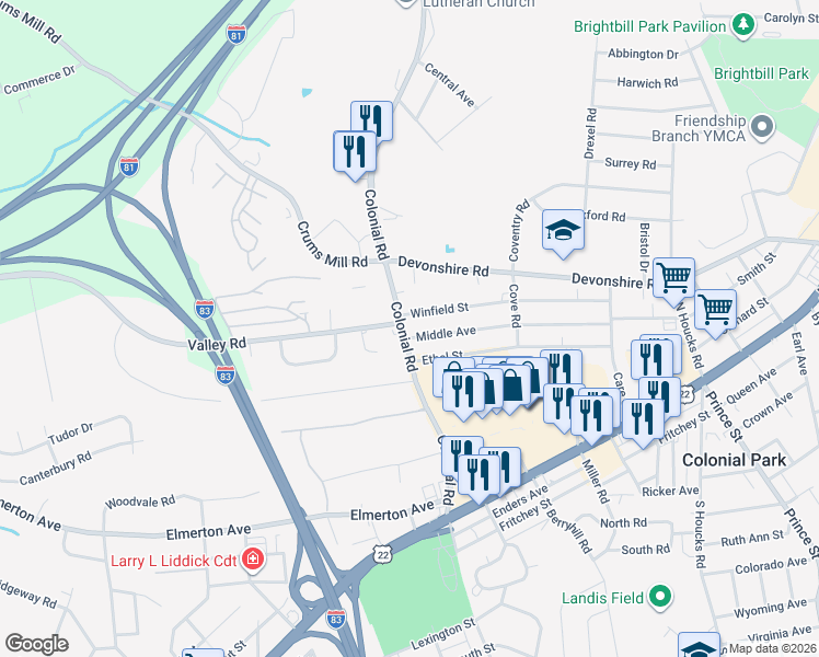 map of restaurants, bars, coffee shops, grocery stores, and more near 317 Colonial Road in Harrisburg