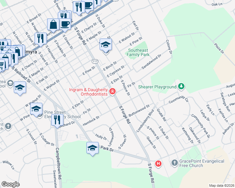 map of restaurants, bars, coffee shops, grocery stores, and more near 880 South Forge Road in Palmyra
