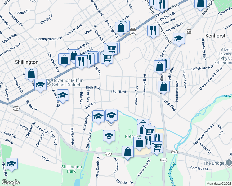 map of restaurants, bars, coffee shops, grocery stores, and more near 216 High Boulevard in Reading