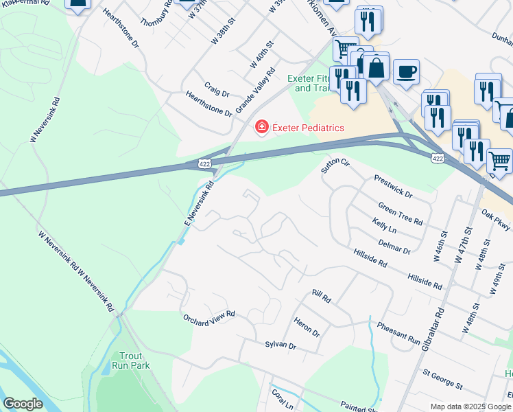 map of restaurants, bars, coffee shops, grocery stores, and more near 120 Christine Drive in Reading