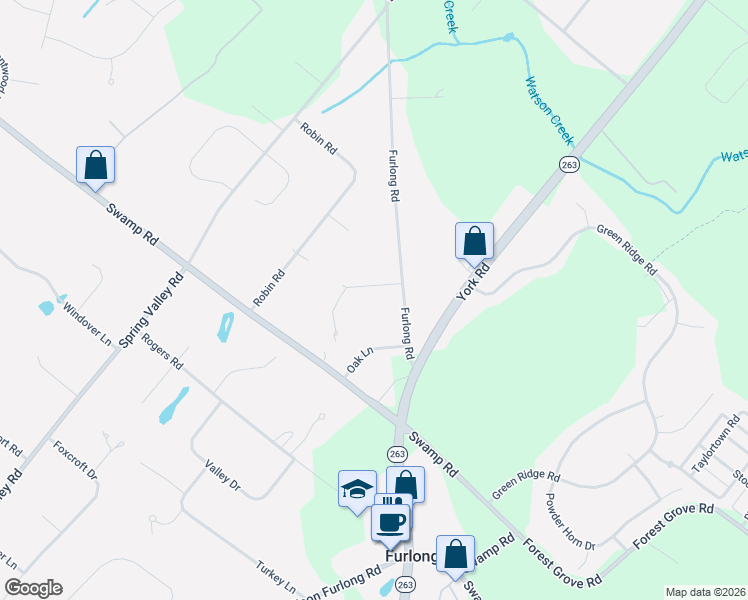 map of restaurants, bars, coffee shops, grocery stores, and more near 2594 Springhill Circle in Furlong