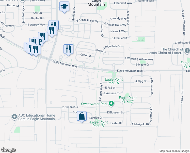 map of restaurants, bars, coffee shops, grocery stores, and more near 3948 North Cougar Lane in Eagle Mountain