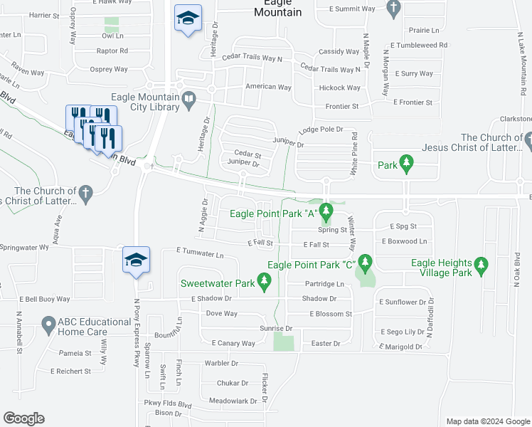 map of restaurants, bars, coffee shops, grocery stores, and more near 1844 North Cosmos Drive in Eagle Mountain