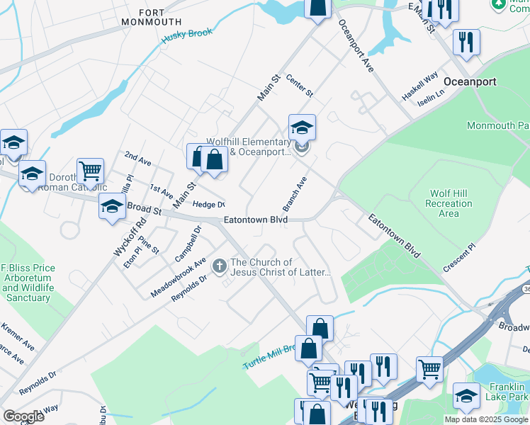 map of restaurants, bars, coffee shops, grocery stores, and more near 1287 Eatontown Boulevard in Oceanport
