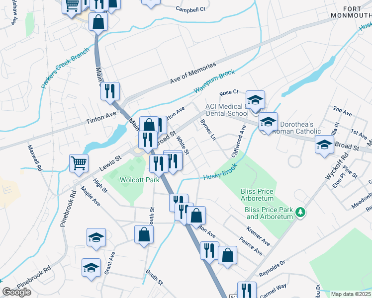 map of restaurants, bars, coffee shops, grocery stores, and more near 53 White Street in Eatontown