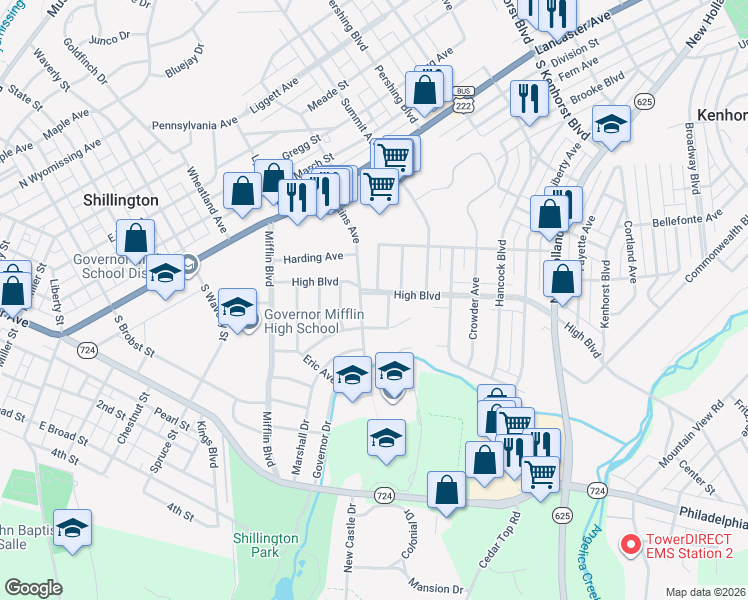 map of restaurants, bars, coffee shops, grocery stores, and more near 237 High Boulevard in Shillington